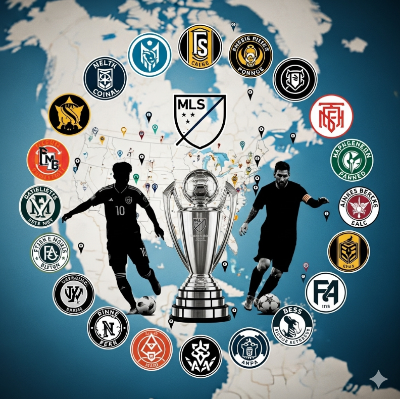 MLS 2025 시즌 전체 팀 로고를 원형 배치로 구성한 콜라주 이미지.