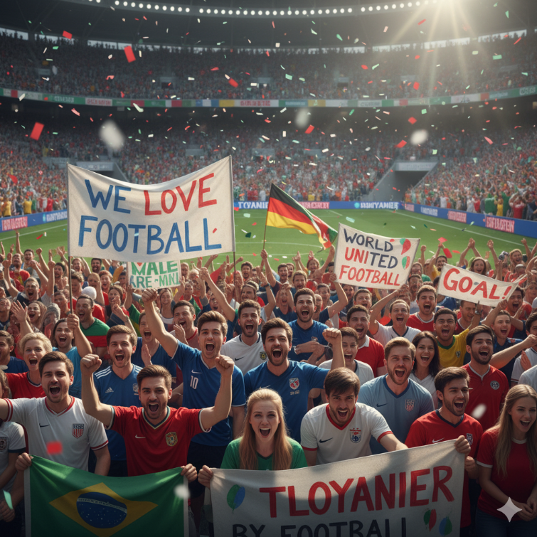 전 세계 축구 팬들이 경기장에서 응원하는 모습을 담은 생동감 넘치는 사진. 다양한 국적의 팬들이 팀 유니폼을 입고 열정적으로 플래카드를 들고 있는 장면으로, 축구의 글로벌 매력을 강조.