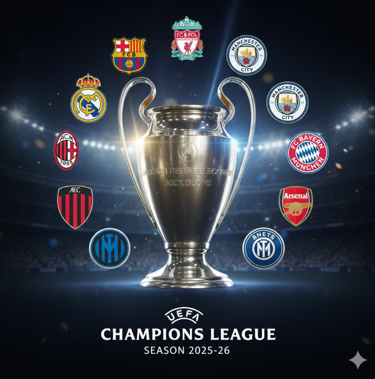 UEFA 챔피언스리그 트로피와 2025-26 시즌 빅 클럽 로고