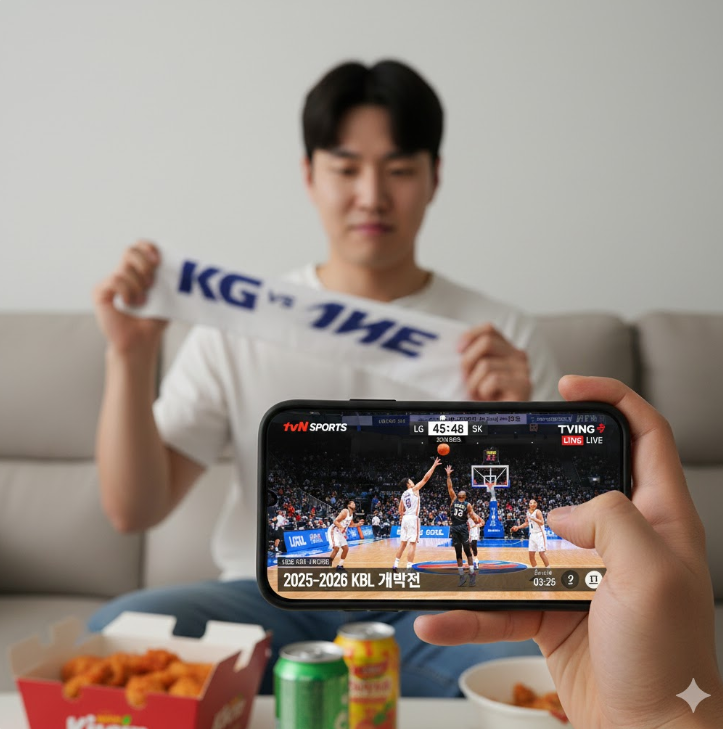 스마트폰으로 경기 보는 젊은 팬 사진으로 모바일 농구중계 편의성 강조