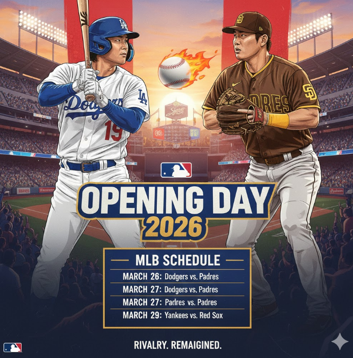 2026 MLB 개막전 포스터 - 오타니와 김하성 대결 그래픽과 일정표로 MLB 경기 일정 강조