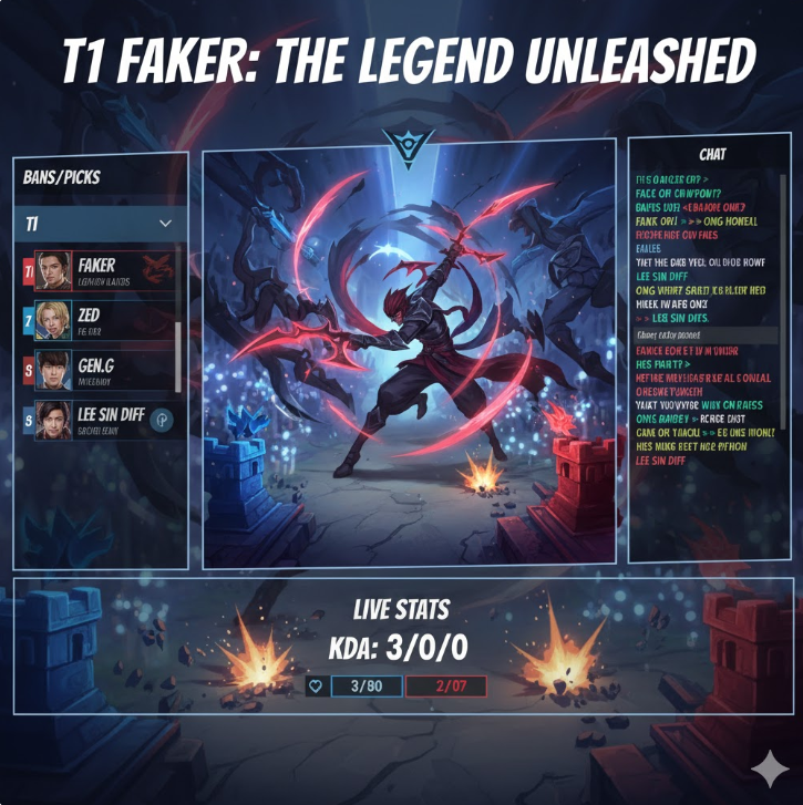 LCK 경기장 T1 페이커가 1대3 한타를 역으로 이기는 순간을 포착한 화려한 스플래시 아트 그래픽.