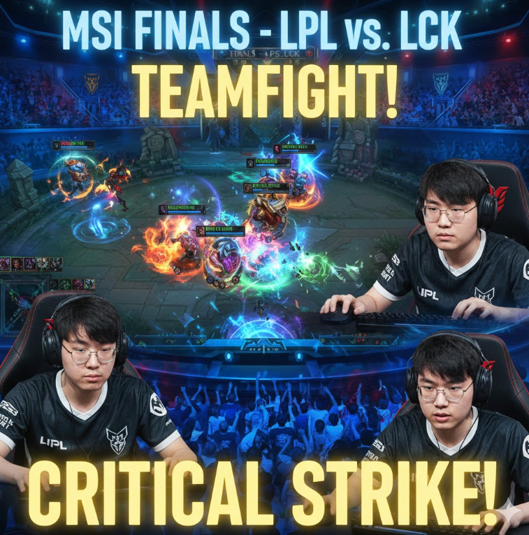 MSI 결승 무대 LPL 팀 vs LCK 팀의 한타 장면.