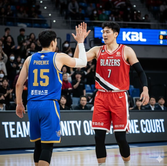 박진감 넘치는 KBL 프로농구 경기의 한 장면을 생생하게 포착하고 있습니다. 치열한 승부가 펼쳐지는 코트 위에서 서로 다른 팀의 유니폼을 입은 두 선수가 하이파이브를 나누는 모습은 단순한 경쟁을 넘어선 스포츠맨십과 화합의 가치를 보여줍니다