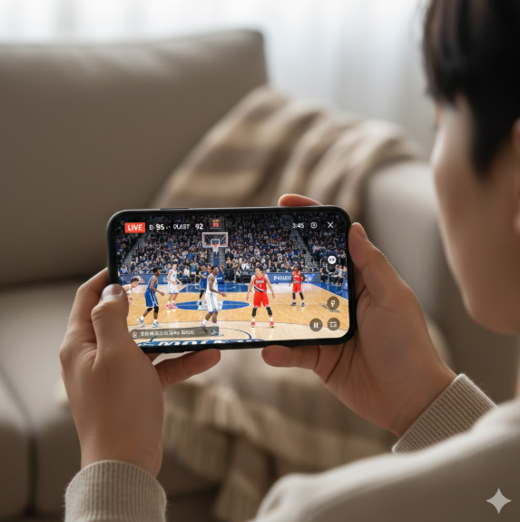 스마트폰 화면 속에는 선수들이 코트 위에서 치열하게 격돌하는 실시간 경기 장면이 선명하게 표시되어 있어, 장소에 구애받지 않고 어디서나 경기장의 열기를 느낄 수 있는 모바일 생중계의 편의성을 강조합니다.