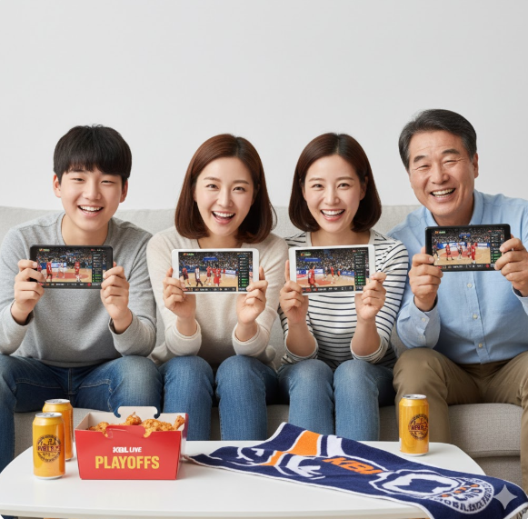KBL 프로농구를 사랑하는 다양한 세대의 팬들이 한자리에 모여 실시간 경기를 즐기는 행복한 순간을 담고 있습니다.