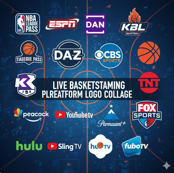 현대 농구 팬들이 경기를 즐길 수 있는 글로벌 실시간 중계 플랫폼들의 로고를 한눈에 볼 수 있도록 구성한 콜라주입니다.