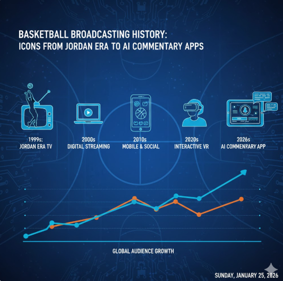 변천사: 90년대 조던 시대의 TV 중계를 시작으로, 2000년대 디지털 스트리밍, 2010년대 모바일과 소셜 미디어로 매체가 확장되었습니다. 변천사: 90년대 조던 시대의 TV 중계를 시작으로, 2000년대 디지털 스트리밍, 2010년대 모바일과 소셜 미디어로 매체가 확장되었습니다.