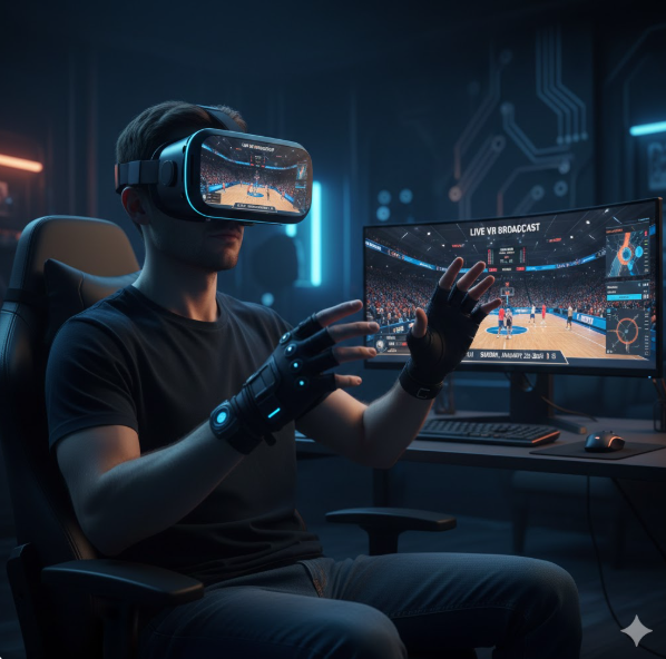 현장감의 극대화: 사용자가 VR 헤드셋을 착용하고 가상 코트 뷰(Virtual Court View)를 통해 경기를 관람하는 모습은, 단순히 중계를 보는 것을 넘어 **코트 바로 옆자리(Courtside)**에 앉아 있는 듯한 압도적인 몰입감을 제공합니다. 현장감의 극대화: 사용자가 VR 헤드셋을 착용하고 가상 코트 뷰(Virtual Court View)를 통해 경기를 관람하는 모습은, 단순히 중계를 보는 것을 넘어 **코트 바로 옆자리(Courtside)**에 앉아 있는 듯한 압도적인 몰입감을 제공합니다.