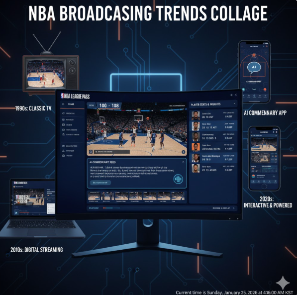 미래형 중계의 완성: 우측의 모바일 기기들은 실시간 데이터 분석과 AI 기술이 결합된 중계 앱의 모습을 보여주며, 언제 어디서나 고도화된 정보를 즐기는 현대적인 농구 팬들의 라이프스타일을 상징합니다. 미래형 중계의 완성: 우측의 모바일 기기들은 실시간 데이터 분석과 AI 기술이 결합된 중계 앱의 모습을 보여주며, 언제 어디서나 고도화된 정보를 즐기는 현대적인 농구 팬들의 라이프스타일을 상징합니다.