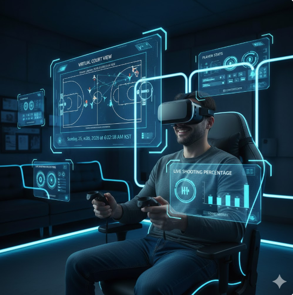 가상 코트 뷰(Virtual Court View): 상단 전광판에는 코트 전체의 선수 배치와 전술적 움직임이 실시간 그래픽으로 재현되어 경기의 흐름을 한눈에 파악할 수 있습니다