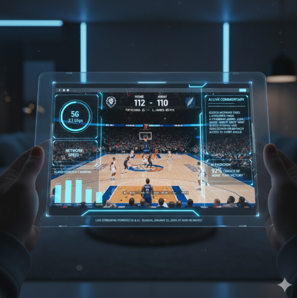 초고속 실시간 스트리밍: 좌측 상단의 '5G 2.1 Gbps' 표시처럼 초고속·저지연 네트워크를 통해 끊김 없는 고화질 경기 관람이 가능함을 보여줍니다.