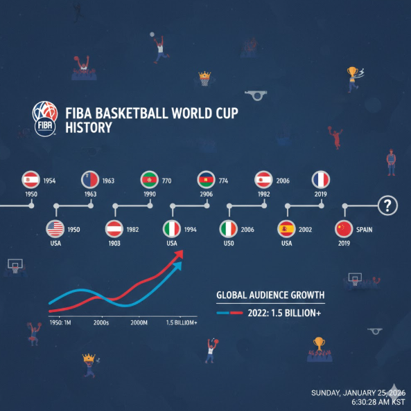 시작과 성장: 1950년 아르헨티나에서 열린 첫 대회를 기점으로 주요 우승국들의 국기와 연도가 나열되어 있습니다.