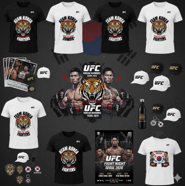 공식 포스터 및 홍보물: 하단에는 'UFC FIGHT NIGHT SEOUL 2026' 공식 포스터가 배치되어, 단순한 굿즈를 넘어 실제 경기와 연계된 비즈니스 생태계를 시각화했습니다.