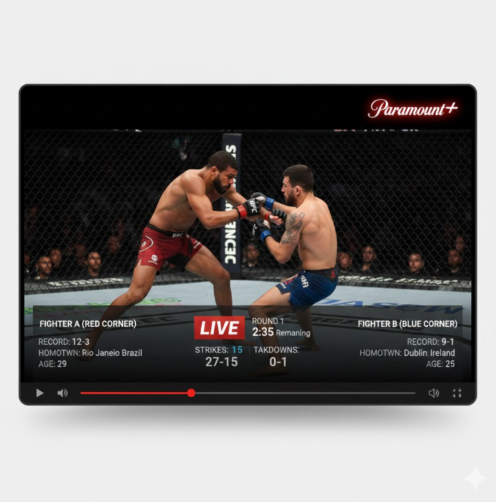 생동감 넘치는 중계 환경: 라이브 스트리밍 인터페이스를 재현한 이미지는 실시간 타격 횟수와 선수 프로필을 노출하여, 전 세계 팬들이 파라마운트+ 등 다양한 플랫폼을 통해 경기를 박진감 있게 즐기는 모습을 시각화하고 있습니다.