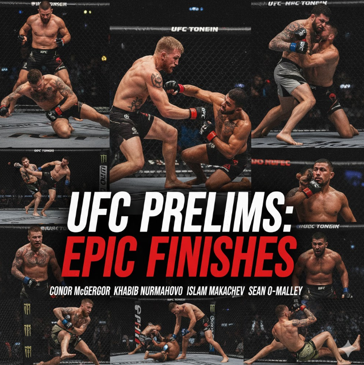 치열한 명승부의 기록: 첫 번째 이미지는 'Epic Finishes'라는 문구와 함께 코너 맥그리거, 하빕 누르마고메도프 등 전설적인 파이터들의 이름을 나열하며, 프릴림이 단순한 예비 경기가 아닌 미래의 챔피언이 탄생하는 등용문임을 강조합니다.