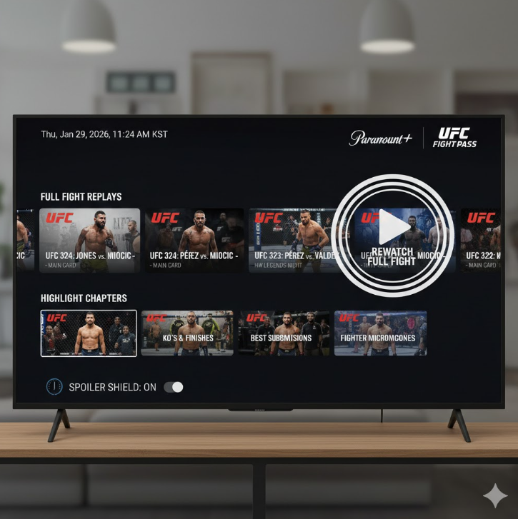 시청자가 결과를 미리 알지 못하도록 보호하는 'Spoiler Shield' 기능과 KO, 서브미션 등 주요 순간으로 즉시 이동할 수 있는 'Highlight Chapters' 기능이 돋보입니다