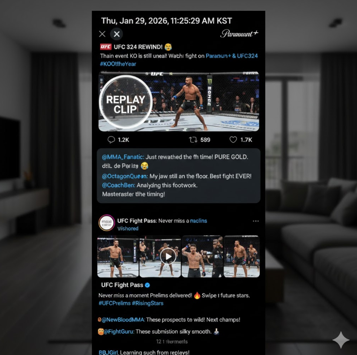 소셜 피드에서는 팬들이 재시청 클립을 공유하며 실시간으로 소통하는 모습이 담겨 있어, 다시보기가 UFC 팬덤의 참여와 토론을 이끄는 핵심 플랫폼임을 보여줍니다.