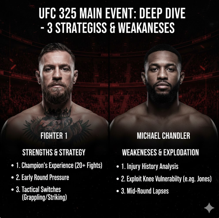 인포그래픽 및 분석: 이미지에는 파이터들의 승률, 체급 정보, 그리고 전략적 분석이 포함되어 있습니다.