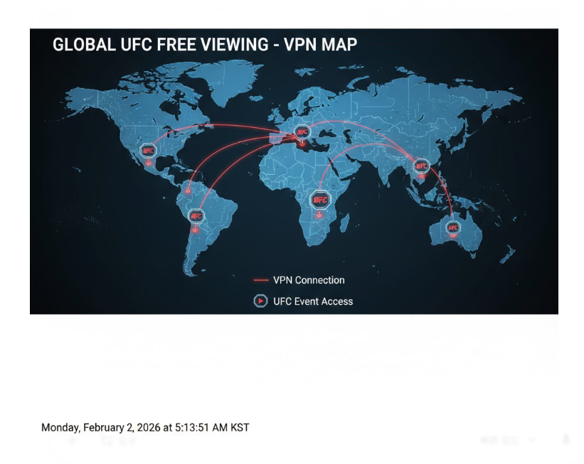 글로벌 접근: VPN 맵 이미지는 전 세계 어디서든 공식 중계에 접속할 수 있는 기술적 경로를 인포그래픽 형태로 보여줍니다.