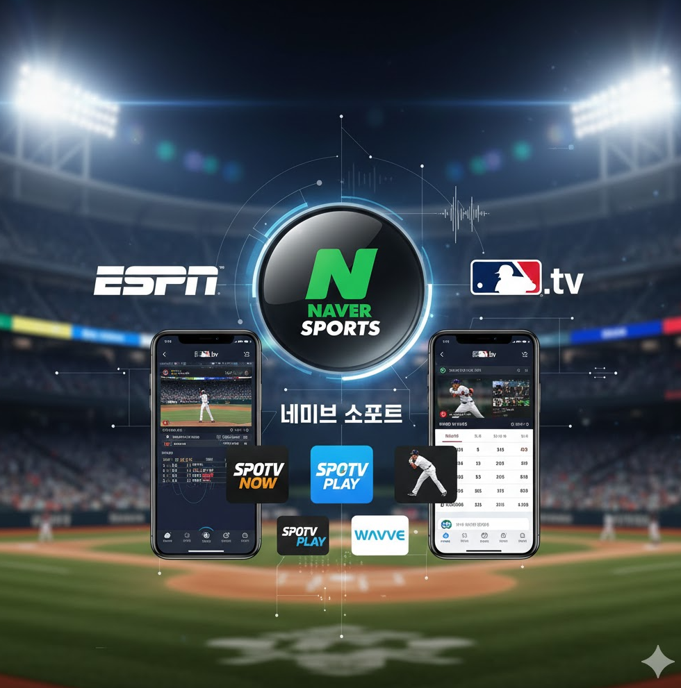 다양한 야구 실시간 중계 플랫폼 아이콘 콜라주. 네이버 스포츠, ESPN, MLB.tv 로고와 함께 모바일 화면 캡처가 포함된 현대적 이미지