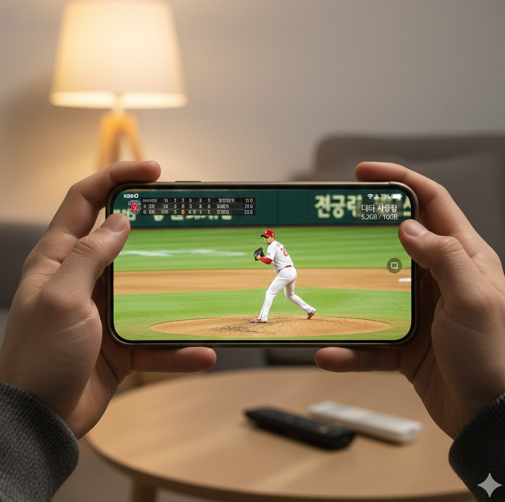 모바일 야구 시청 화면으로 스마트폰에 KBO 경기 표시. 배터리 아이콘과 데이터 사용량이 보이는 실용적 이미지