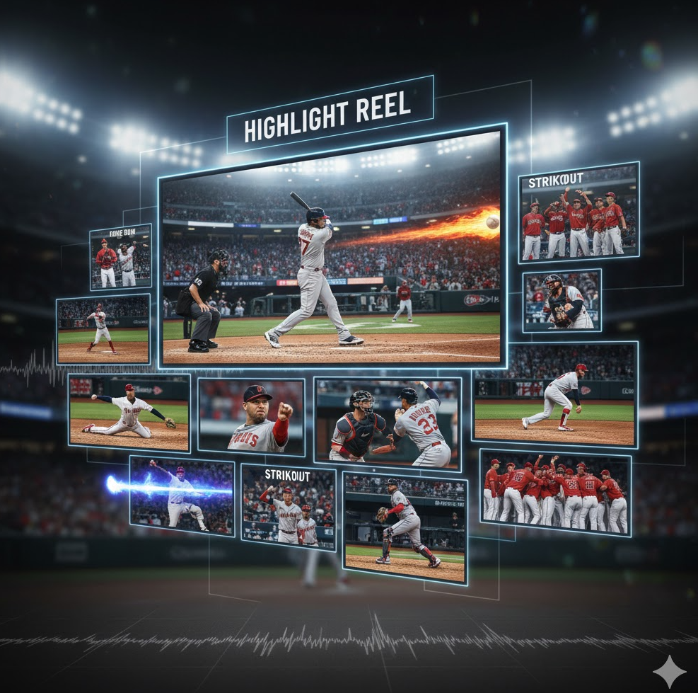 경기 하이라이트 콜라주. 홈런, 스트라이크아웃 클립 모음, 동적 액션 샷으로 구성된 흥미로운 이미지