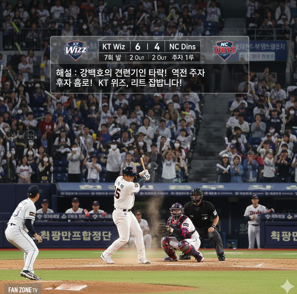 KBO 무료 중계 장면으로 강백호 타격 순간. 스코어 오버레이와 한국 경기장 분위기 역동적 이미지