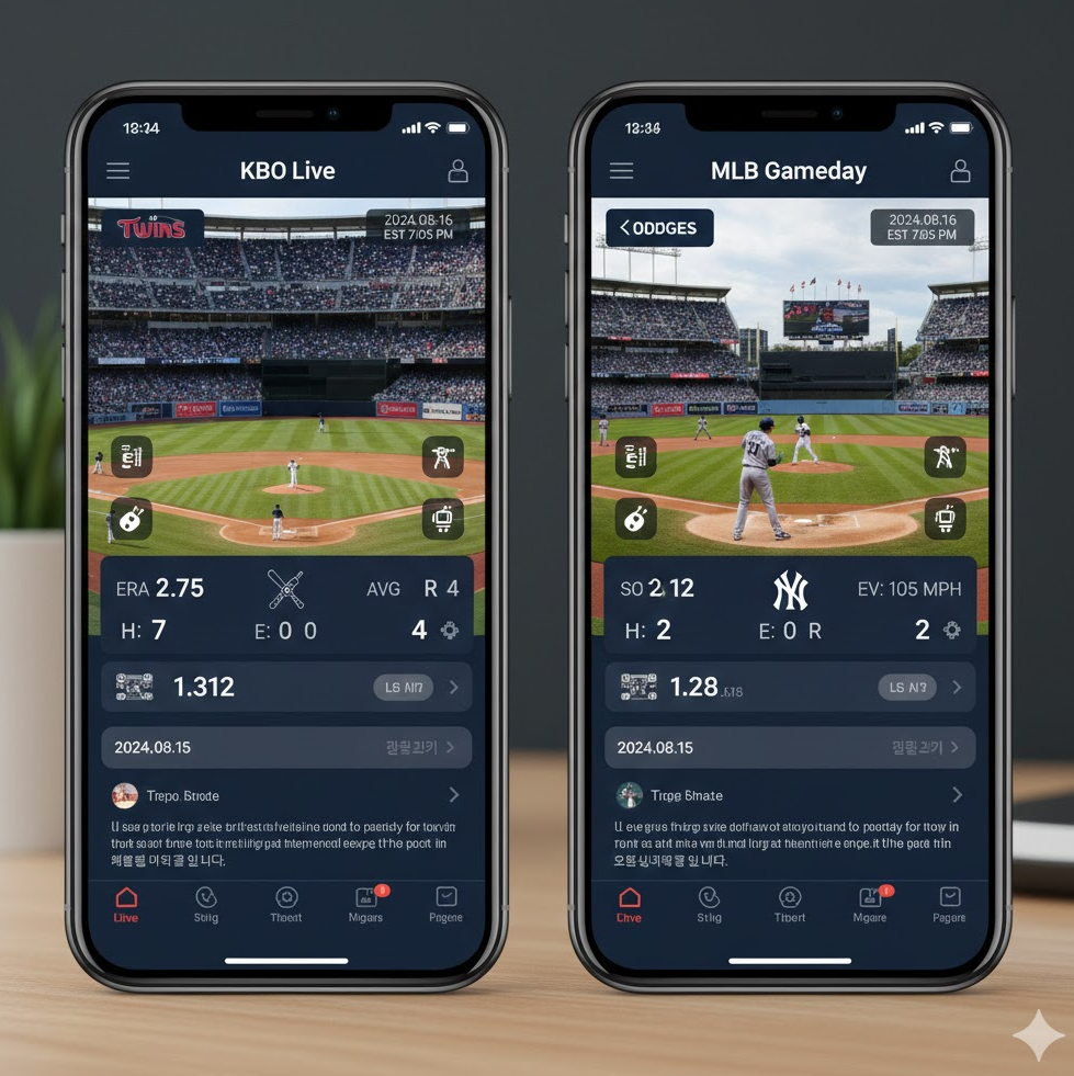 모바일 스포츠 중계 앱 스크린샷 콜라주. 스마트폰에 KBO MLB 경기 표시와 실시간 통계 아이콘 포함된 실용적 이미지