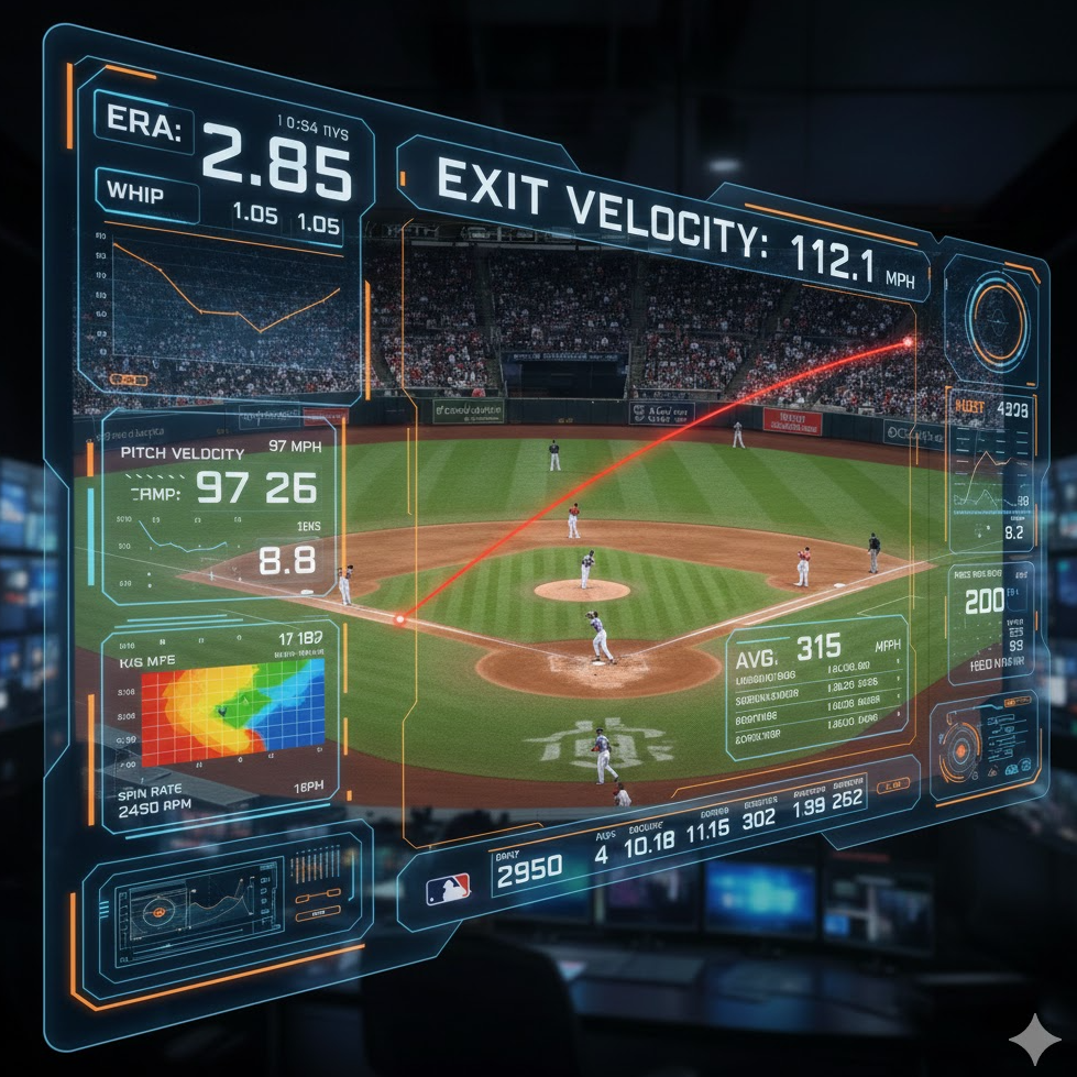 고화질 라이브 중계 8K 화면. 야구 경기 초고해상도 캡처와 통계 오버레이된 시각적 이미지.