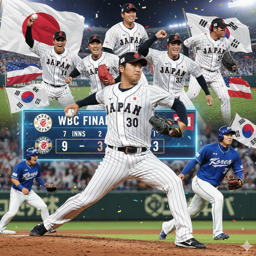 WBC 중계 하이라이트 콜라주. 오타니 피칭과 일본 한국 대표팀 유니폼, 스코어 보드 포함된 국제적 이미지