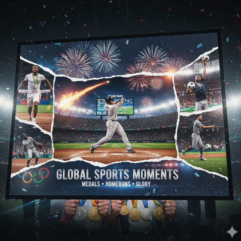  국제 스포츠 대회 콜라주. 메달 홈런 클립 모음 액션 샷 흥미 이미지