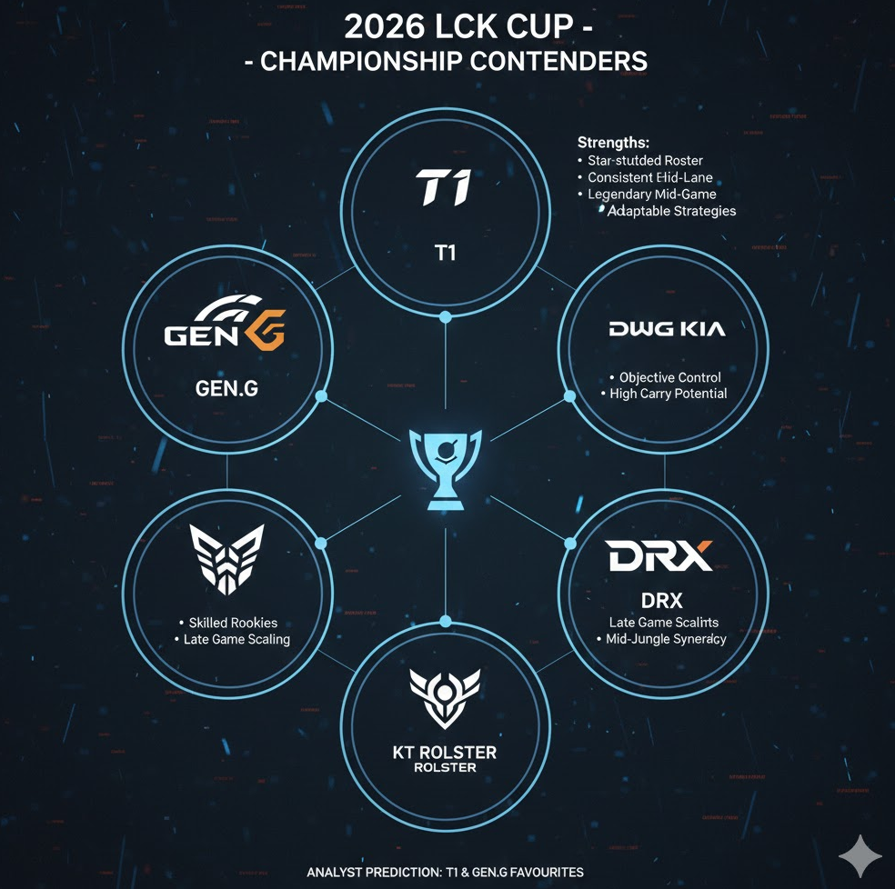  LCK Cup 우승 후보 인포그래픽으로, 팀 로고와 강점 텍스트 배열된 이미지. 