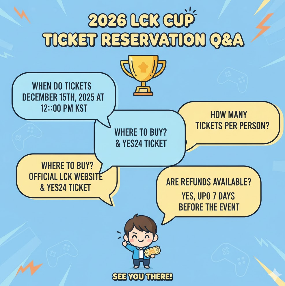  LCK Cup 티켓 예매 Q&A 인포그래픽으로, 질문과 답변 버블 표시. 친근한 디자인