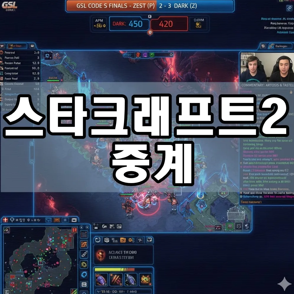 스타크래프트2 중계 실시간 화면 캡처로, GSL Code S 결승전 중 치열한 멀티태스킹·유닛 컨트롤·미니맵 액션이 가득한 인터페이스를 보여주며, 해설 오버레이·채팅 창·스코어·APM 카운터가 동시에 표시된 압도적 이미지. 