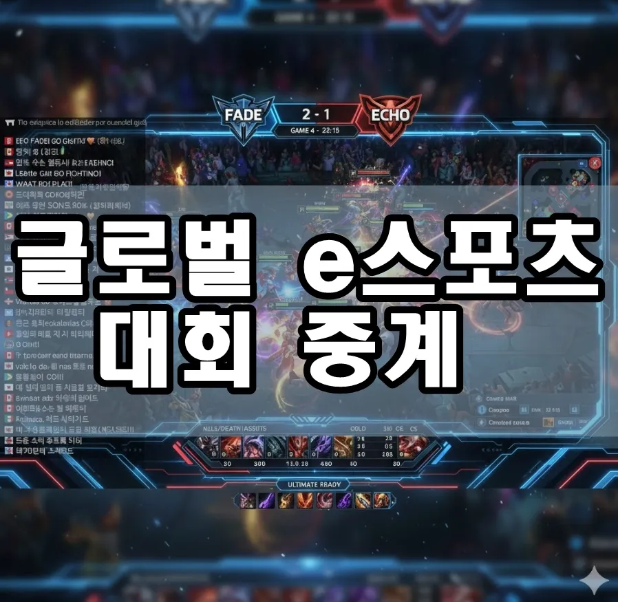 글로벌 e스포츠 대회 중계 실시간 화면으로, 롤드컵 결승전 팀파이트 액션과 다국어 채팅 창, 스코어·그래픽 오버레이가 배열된 다이나믹한 이미지. 