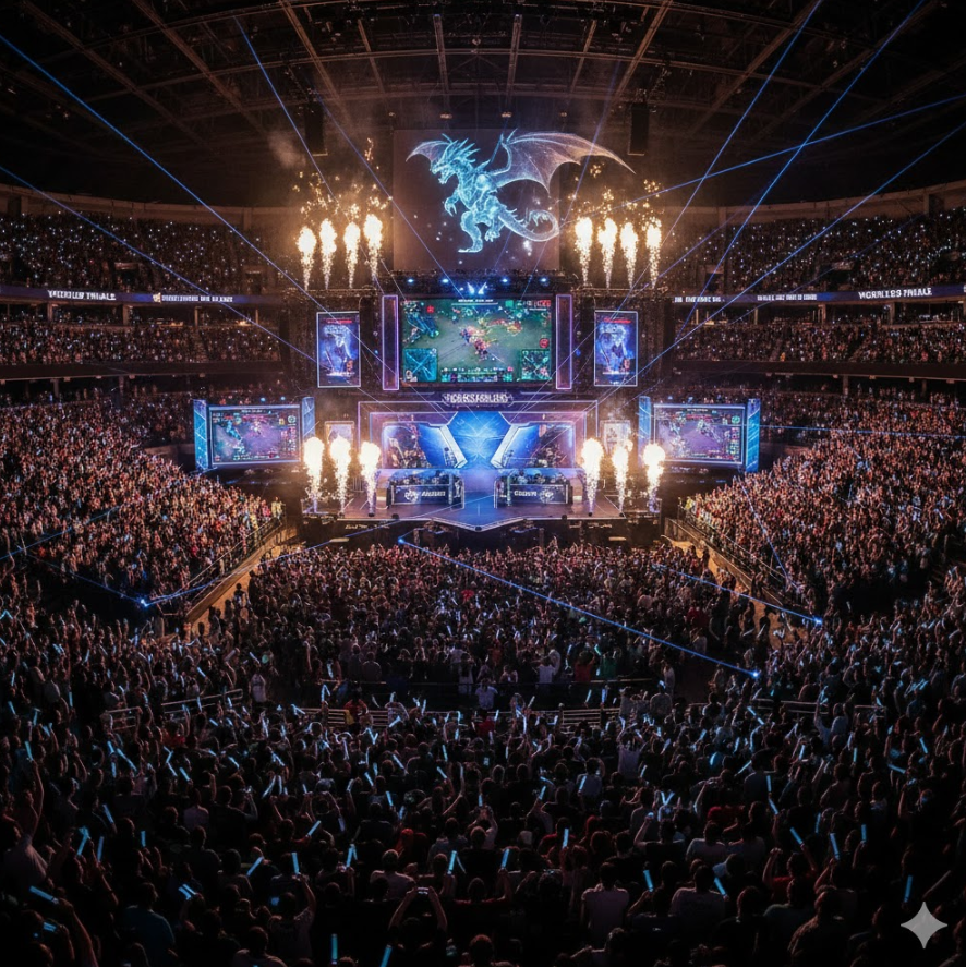 롤드컵 결승전 현장, 압도적 스케일, 많은 관객 , 화려한분위기