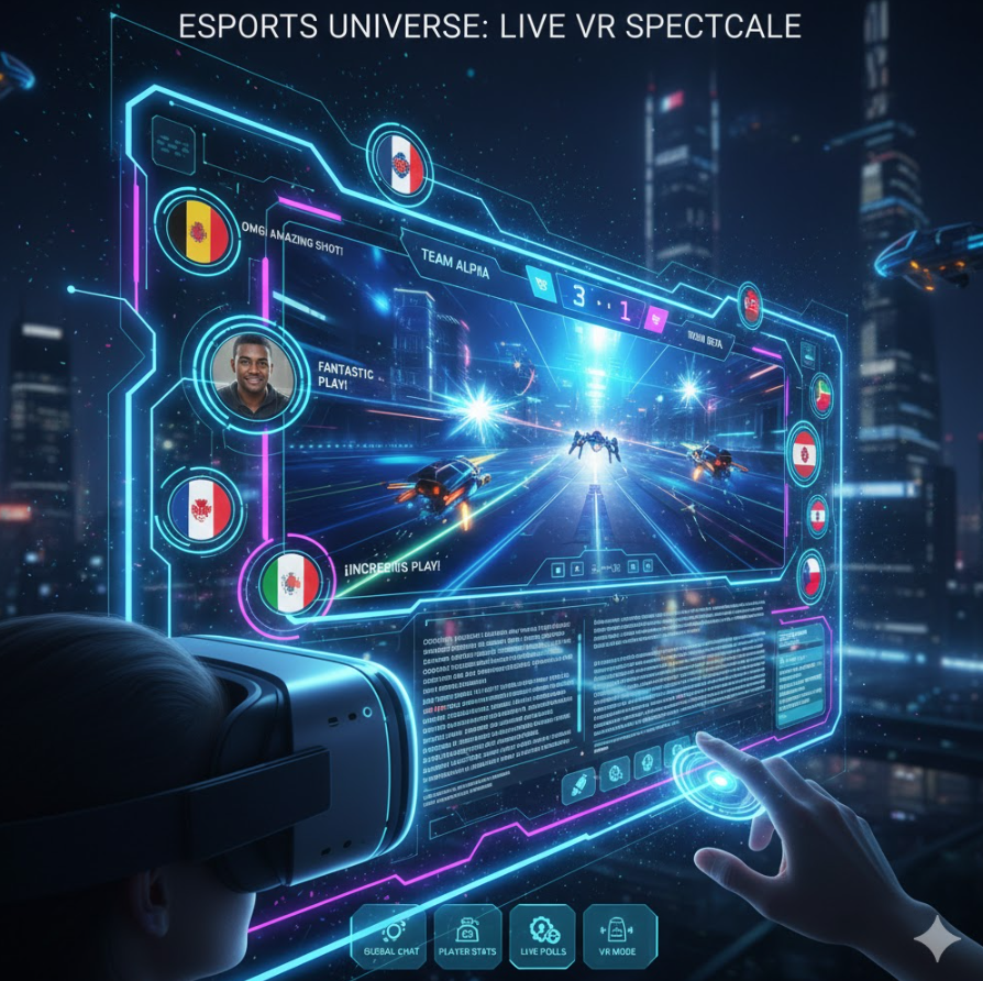 e스포츠 국제대회 생중계 미래 콘셉트 일러스트로, VR 헤드셋과 글로벌 팬 아이콘 배열된 이미지.