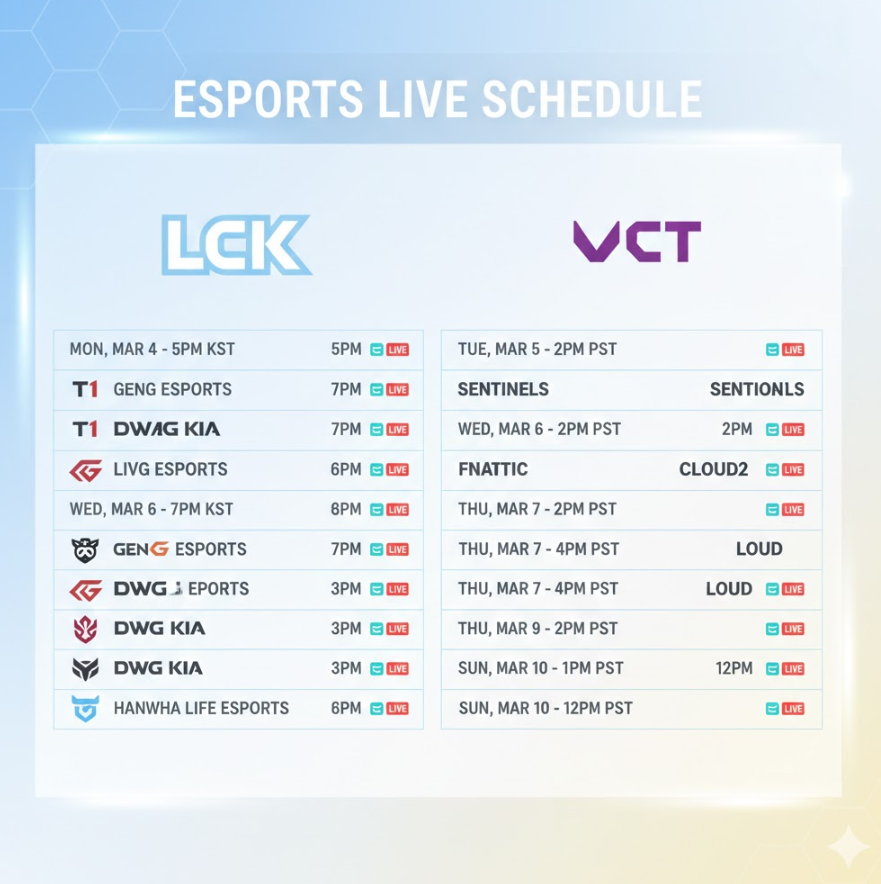 롤 e스포츠 생방송 일정 캘린더 이미지로, LCK·VCT 스케줄과 팀 로고 배열된 디자인