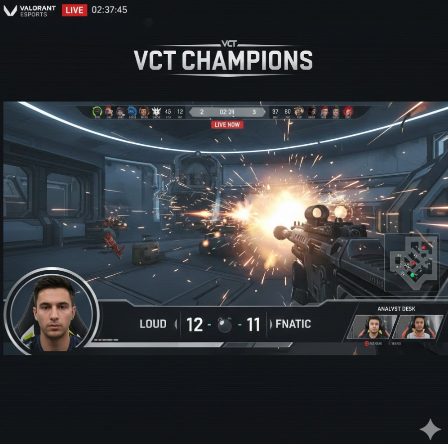 VCT 챔피언스 생중계 화면 스크린샷으로, 경기 액션과 해설 그래픽 배열된 이미지.