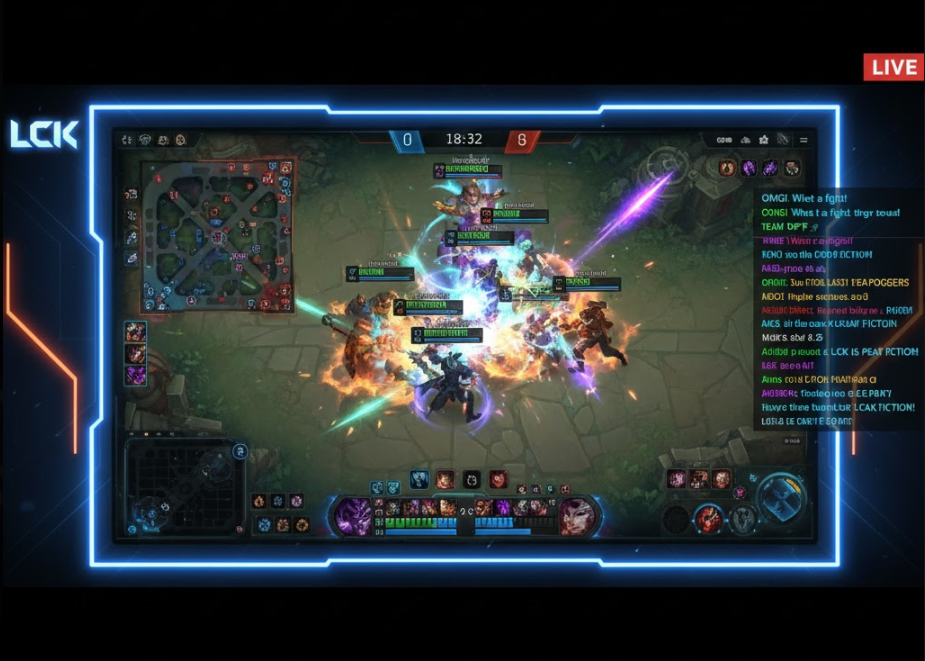 롤 e스포츠 생방송 스크린샷으로, LCK 매치 액션과 채팅 창 배열된 이미지