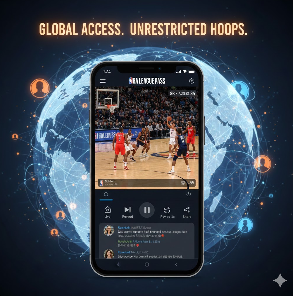 글로벌 접근성 강조: 스마트폰 화면을 중심으로 펼쳐진 푸른빛의 지구본 그래픽은 전 세계 어디서든 제약 없이 경기를 즐길 수 있다는 '무한한 연결성'을 상징합니다.