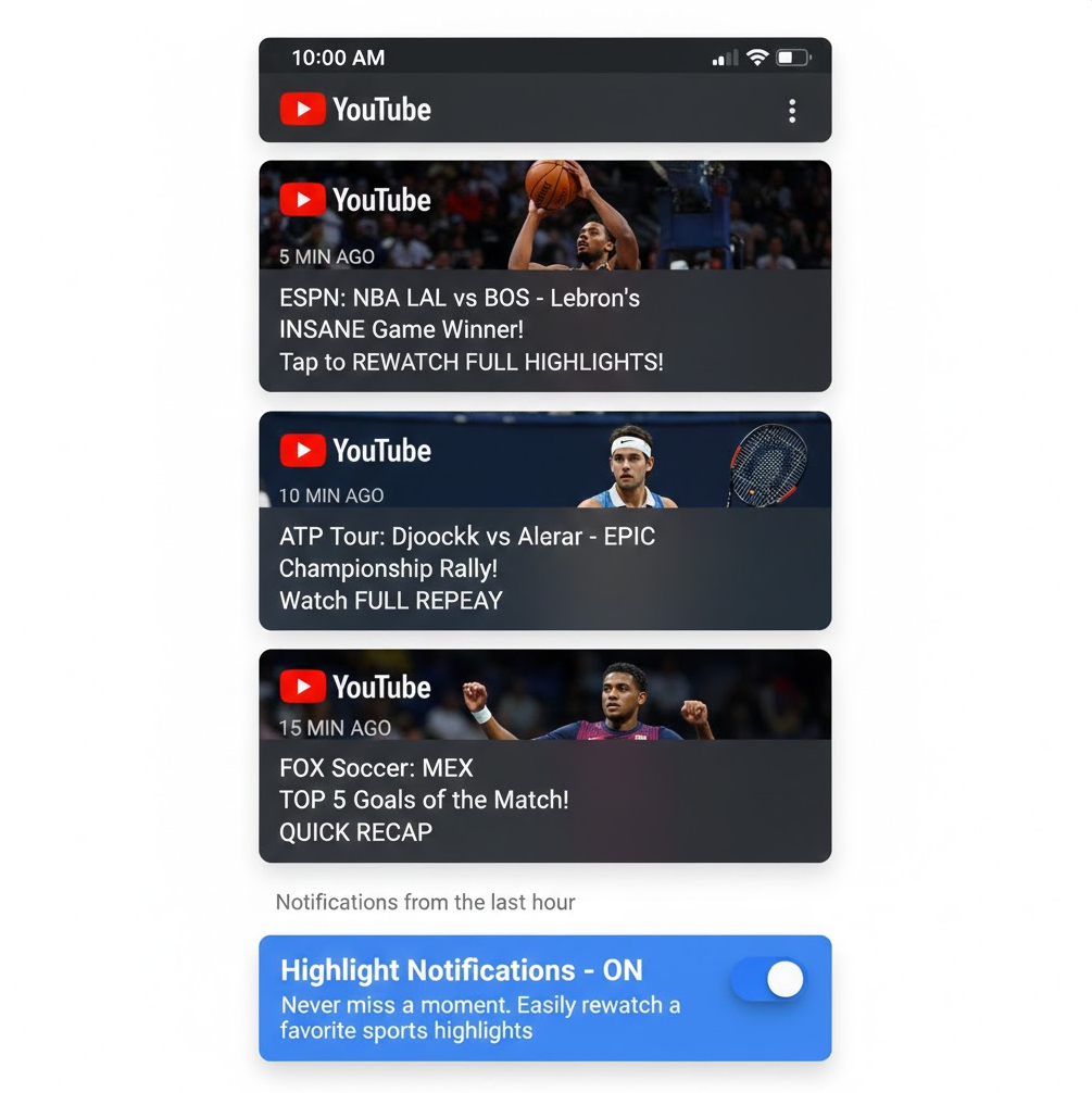 다양한 콘텐츠의 확장: NBA뿐만 아니라 ATP 테니스, 축구, UFC 등 다양한 종목의 하이라이트 아이콘을 배치하여, 사용자가 언제 어디서든 원하는 경기를 선택해 즐길 수 있는 맞춤형 스포츠 라이프를 강조합니다.