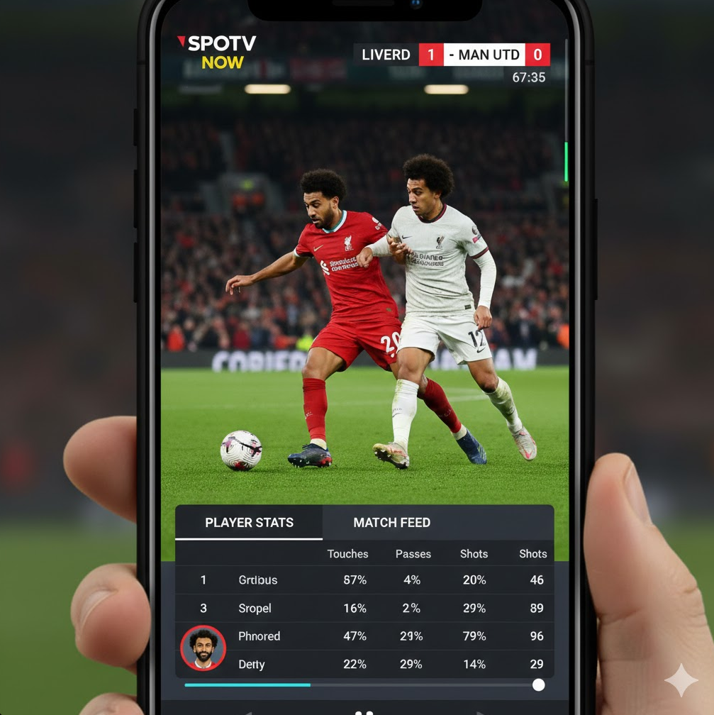전문적인 데이터 분석: SPOTV NOW 이미지에서는 경기 라이브 화면 위에 선수별 터치 횟수, 패스 성공률, 슈팅 수 등 상세한 **실시간 통계(Player Stats)**를 오버레이하여 깊이 있는 시청 경험을 선사합니다.