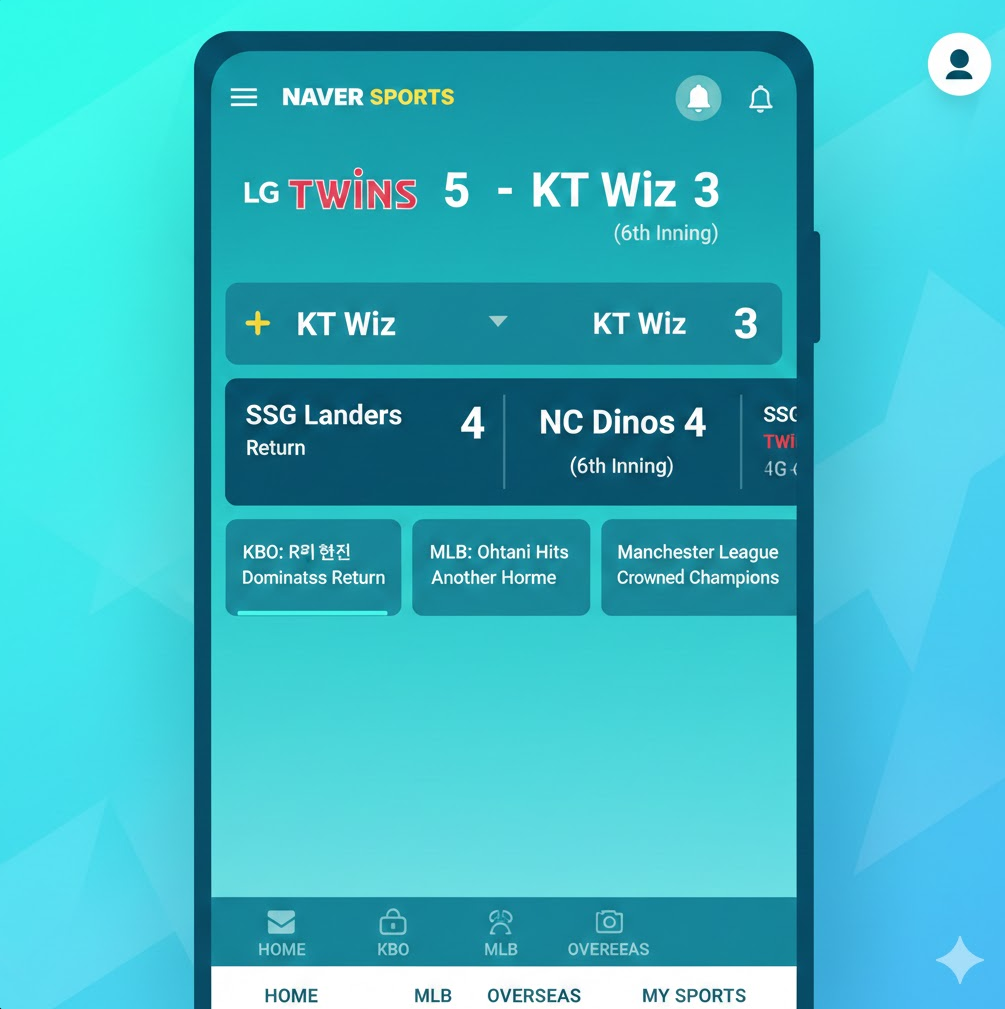 종합 정보 플랫폼: 네이버 스포츠는 KBO 야구 스코어보드를 중심으로 최신 뉴스 헤드라인과 실시간 알림을 배치하여, 경기 시청과 동시에 전반적인 스포츠 소식을 한눈에 파악할 수 있는 직관적인 인터페이스를 보여줍니다.