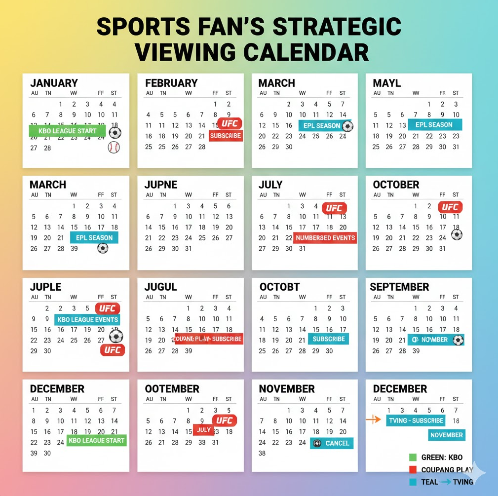 전략적 시청 캘린더: KBO(야구), EPL(축구), UFC 등 주요 경기 일정에 맞춰 플랫폼별 구독(Subscribe)과 해지(Cancel) 시점을 월별 가이드로 제공합니다.