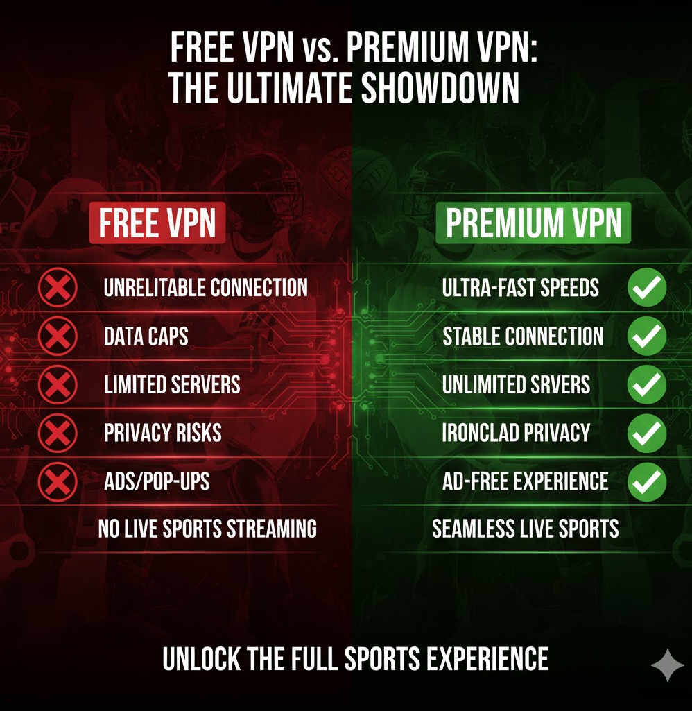 무료 서비스의 한계(끊김, 보안 취약)를 빨간색 X로, 유료 VPN의 강점(무제한 서버, 철저한 개인정보 보호)을 초록색 체크로 대비시켜 안전한 합법 중계 이용의 중요성을 일깨워줍니다.