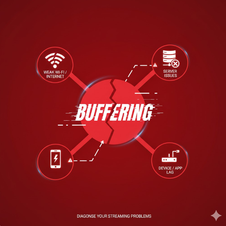 문제 진단 및 원인 파악: 빨간색 배경의 다이어그램은 와이파이 신호 약화, 서버 문제, 기기 지연 등 버퍼링의 근본 원인을 직관적으로 보여주며 문제 해결의 시작점을 강조합니다.