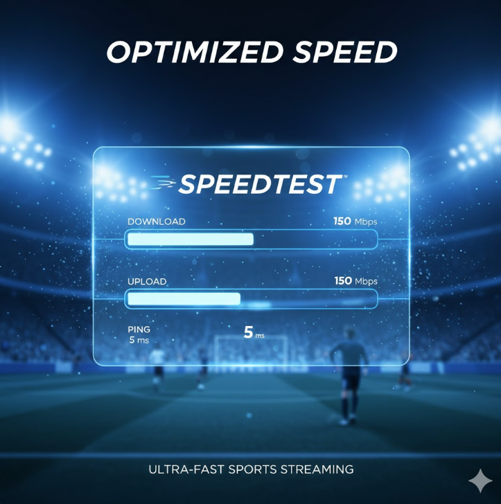 네트워크 최적화: 'Speedtest' 결과 화면과 축구 경기장을 결합한 이미지는 실시간 스트리밍에 필요한 업·다운로드 속도와 핑(Ping) 값을 시각화하여 최적의 연결 상태를 제시합니다.
